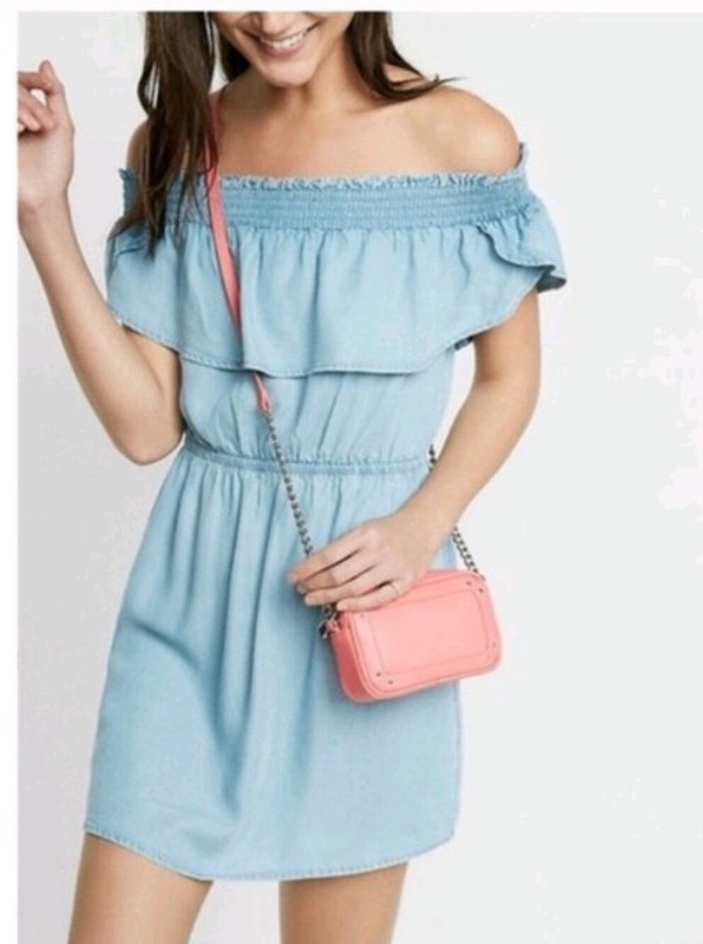Express Women's NWT Light Blue Chambray Denim Off Shoulder Mini Dress, XS